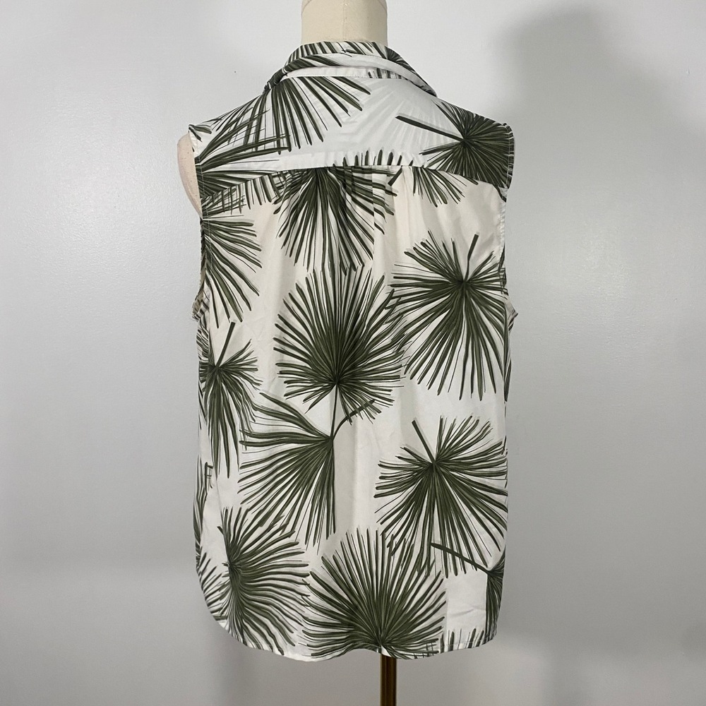 A New Day Large White Green Palm Leaf Print Button Up Collared Vest Blouse - Picture 3 of 7